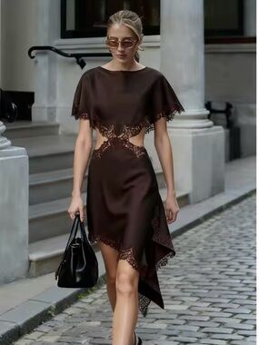 Brown Asymmetrical Lace Trim Dress